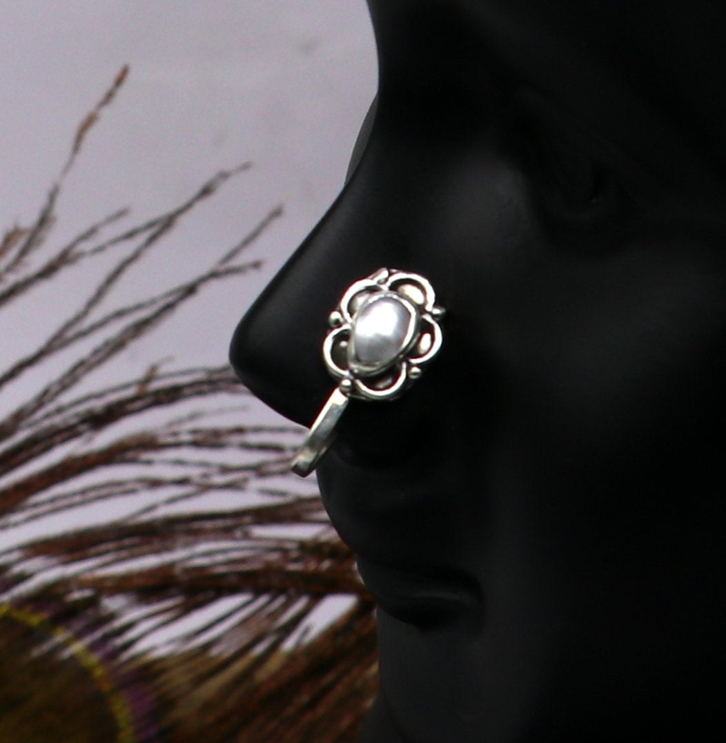 925 Sterling silver tribal pearl nose pin, pure silver clip on nose pin, without piercing nose stud, party wear nose pin jewelry np125 - TRIBAL ORNAMENTS