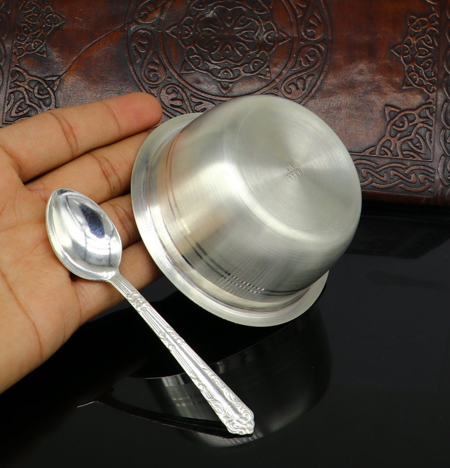 999 fine silver handmade small baby bowl and spoon set, silver tumbler, flask, stay baby/kids healthy, silver vessels utensils sv119 - TRIBAL ORNAMENTS