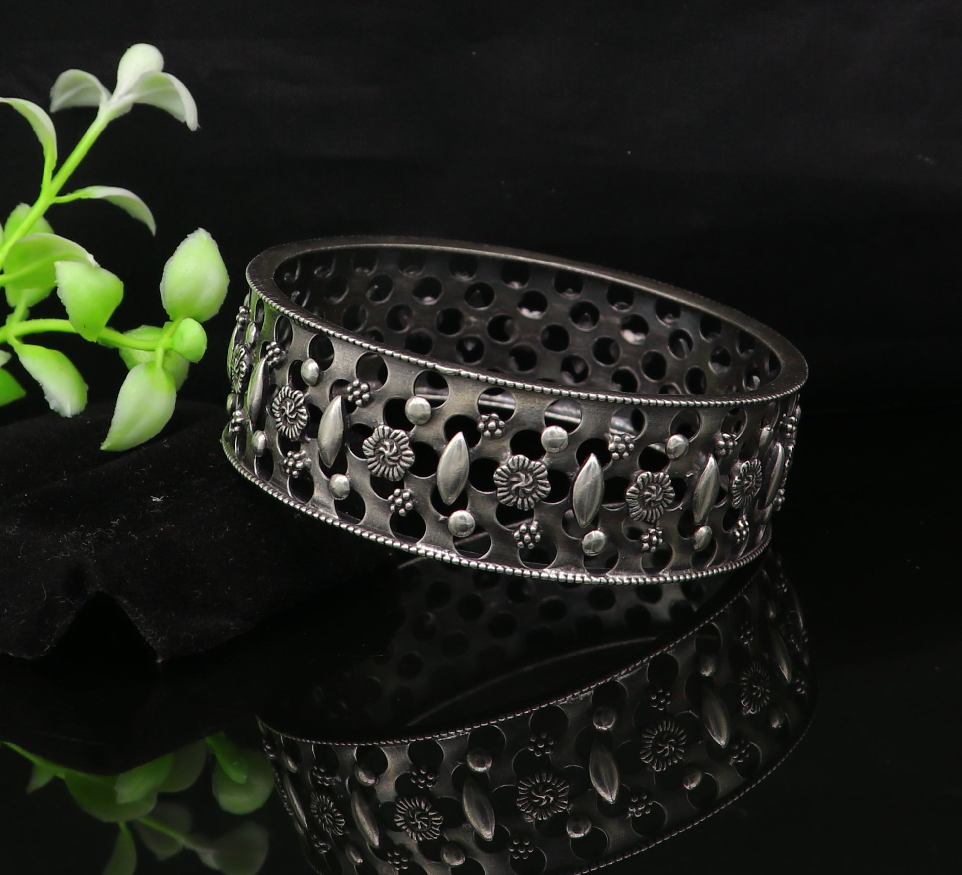 925 sterling silver vintage style handcrafted flower design kada bangle bracelet tribal wedding jewelry for girl's from india ba98 - TRIBAL ORNAMENTS
