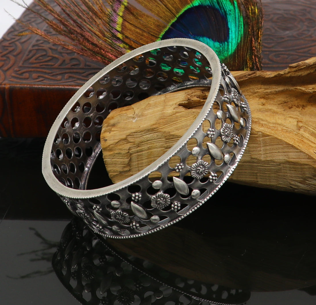 925 sterling silver vintage style handcrafted flower design kada bangle bracelet tribal wedding jewelry for girl's from india ba98 - TRIBAL ORNAMENTS