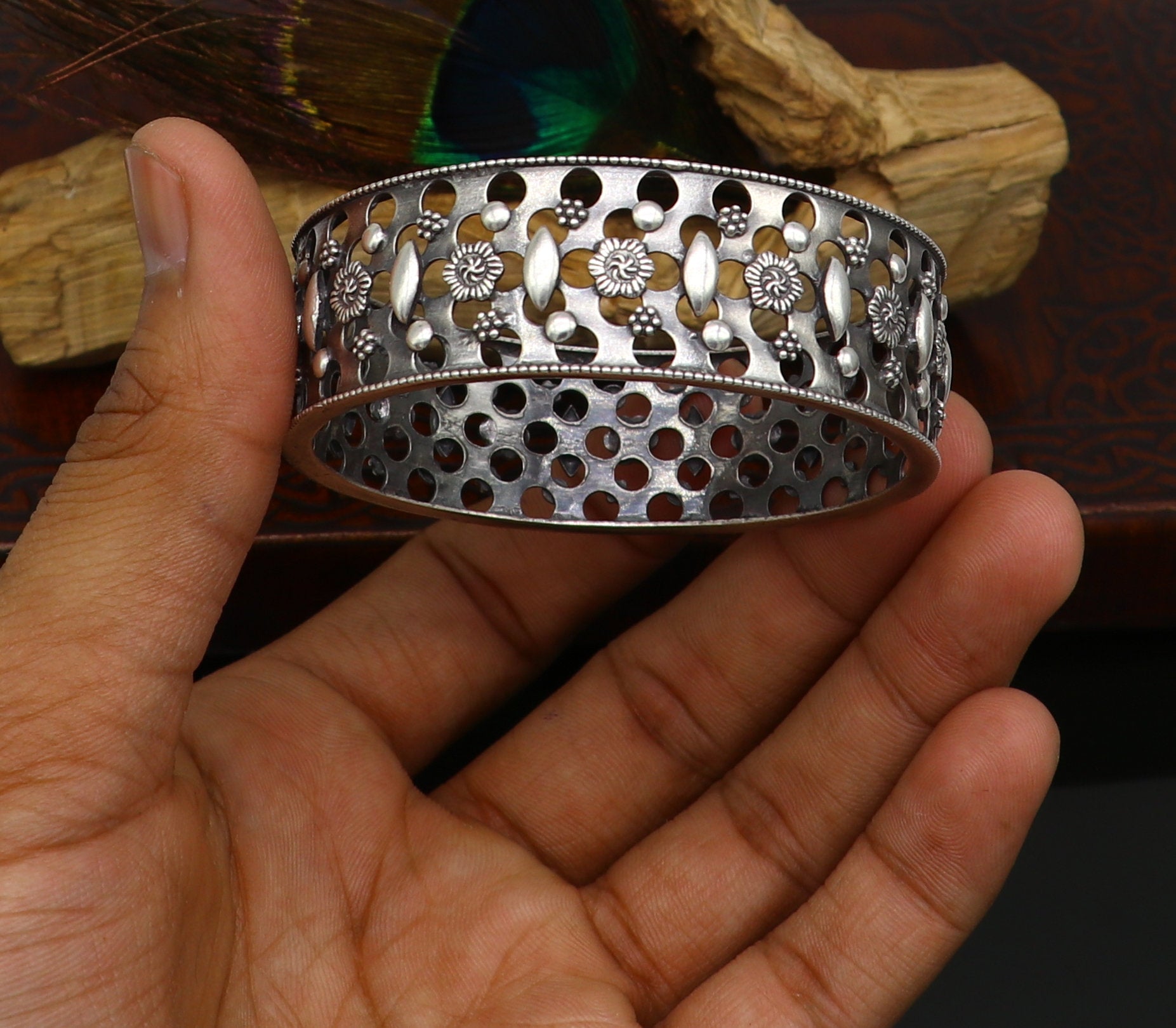 925 sterling silver vintage style handcrafted flower design kada bangle bracelet tribal wedding jewelry for girl's from india ba98 - TRIBAL ORNAMENTS