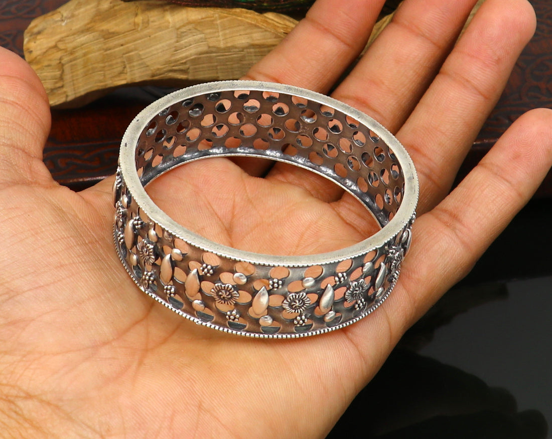 925 sterling silver vintage style handcrafted flower design kada bangle bracelet tribal wedding jewelry for girl's from india ba98 - TRIBAL ORNAMENTS