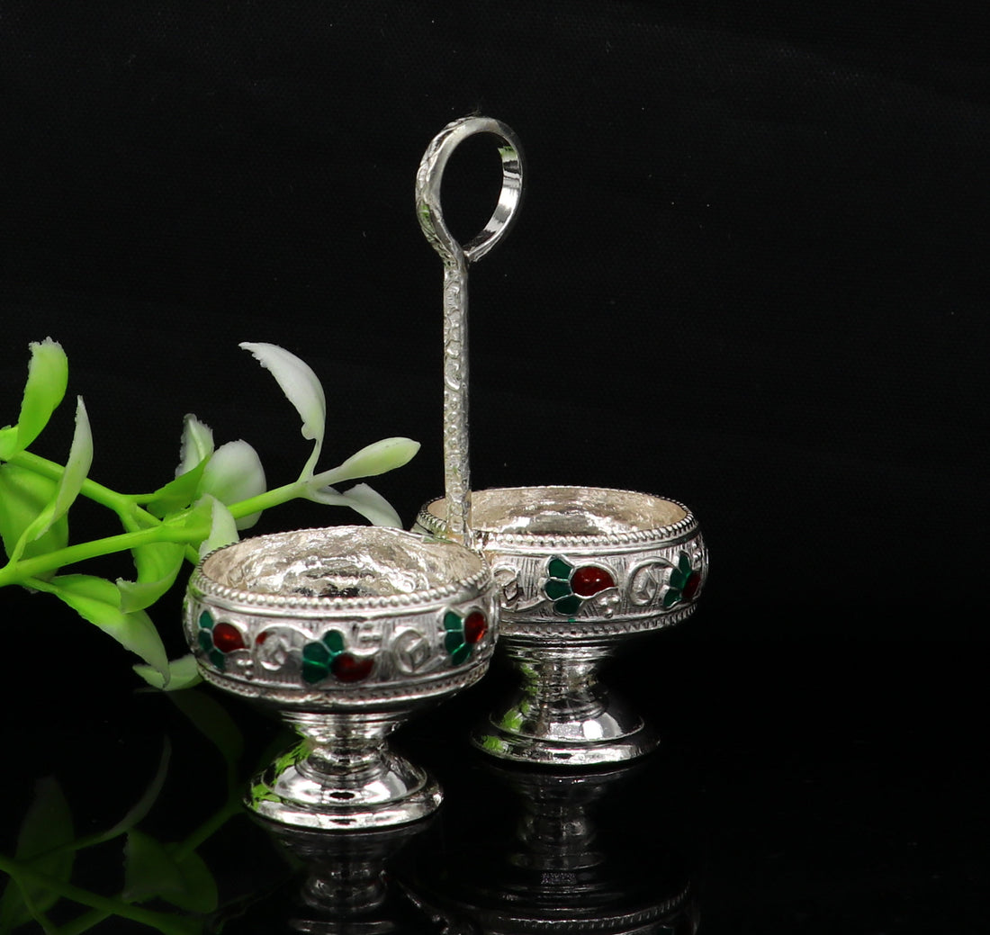 925 sterling silver handmade customized work puja utensils, silver tilak bowl, kesar chaindan kumkum patra or bowl, silver article su154 - TRIBAL ORNAMENTS