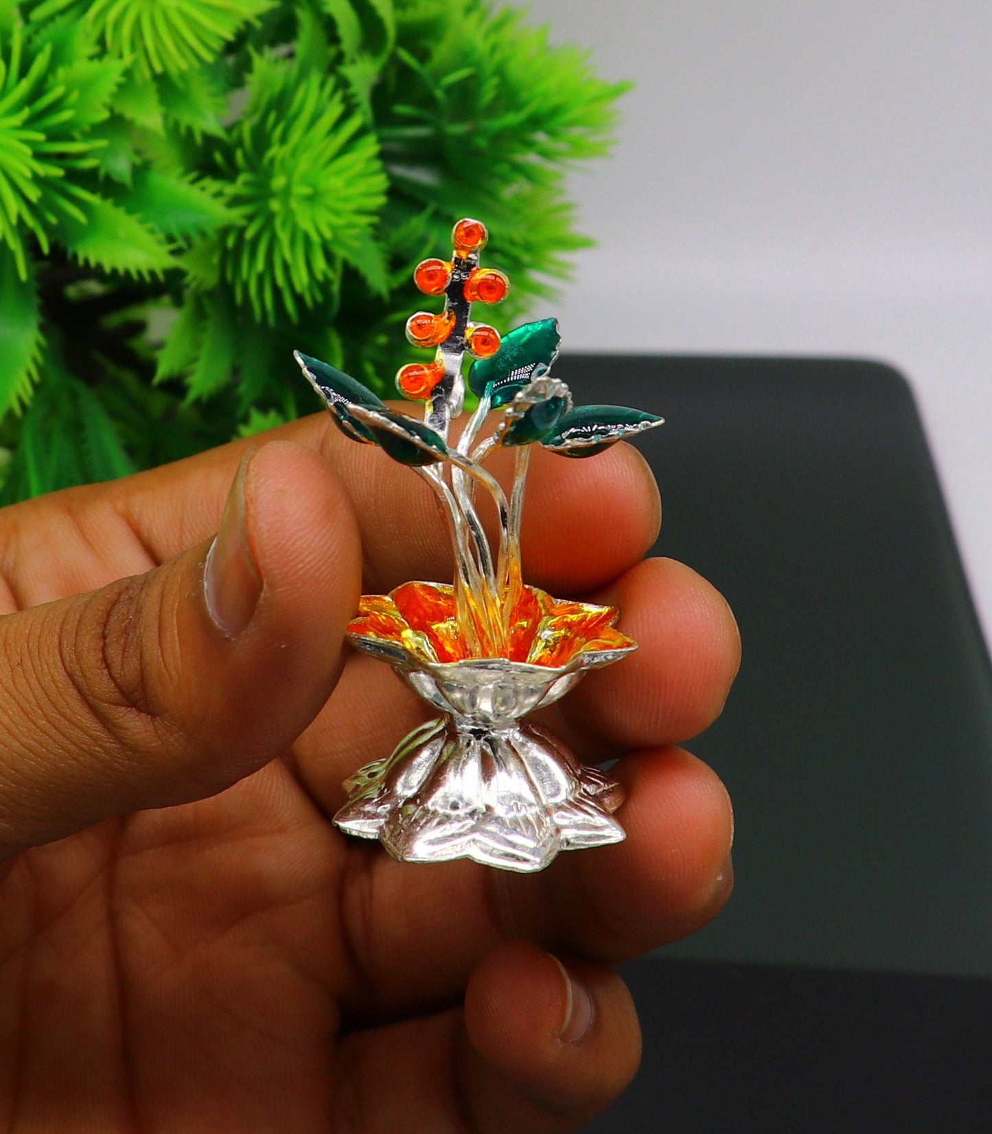 925 sterling silver handmade mini tulsi plant basil rosary plant for puja temple article, excellent customized silver utensils article su157 - TRIBAL ORNAMENTS