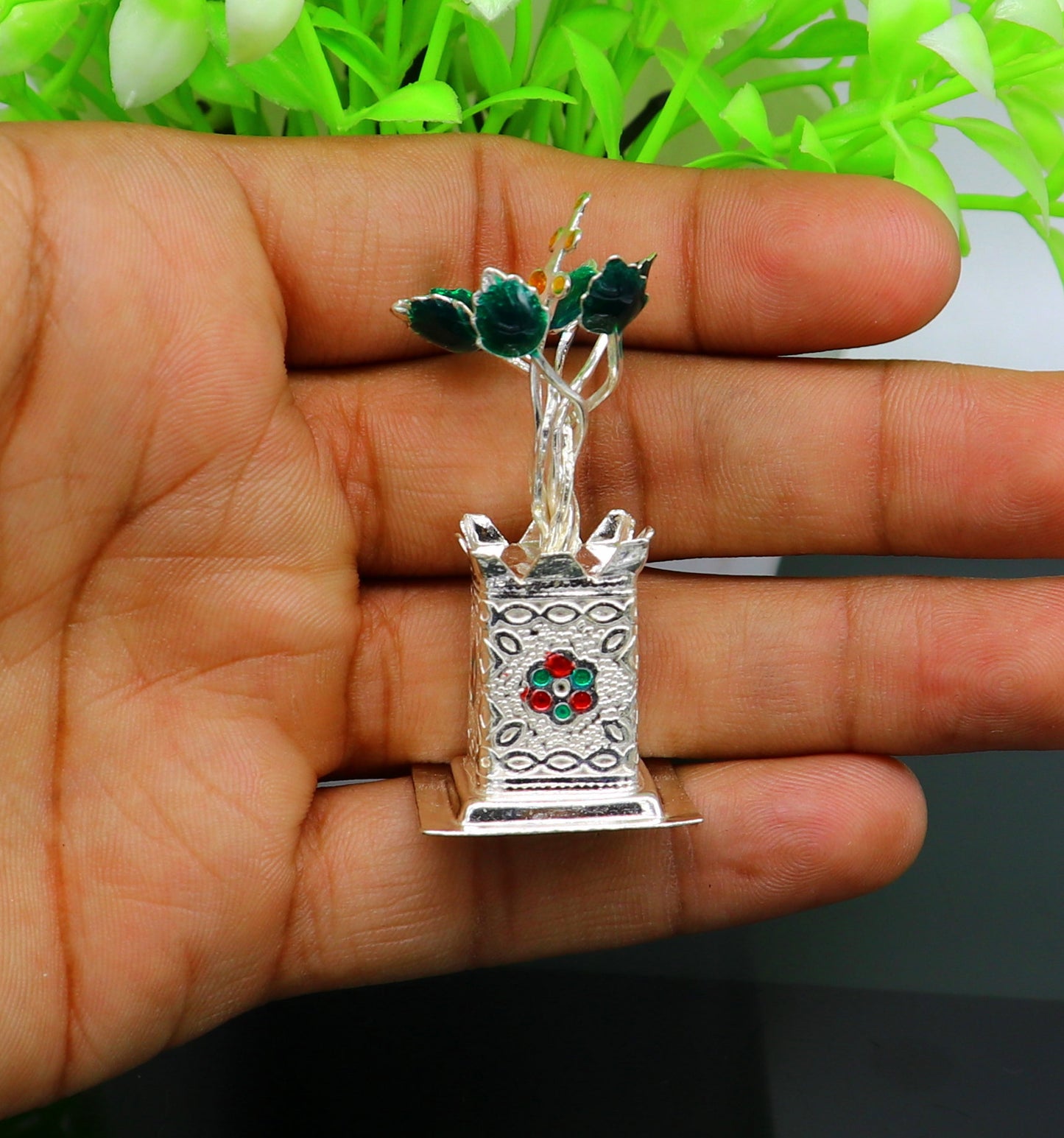 925 sterling silver handmade small tulsi plant basil rosary plant for puja temple article, fabulous customized silver utensils article su159 - TRIBAL ORNAMENTS