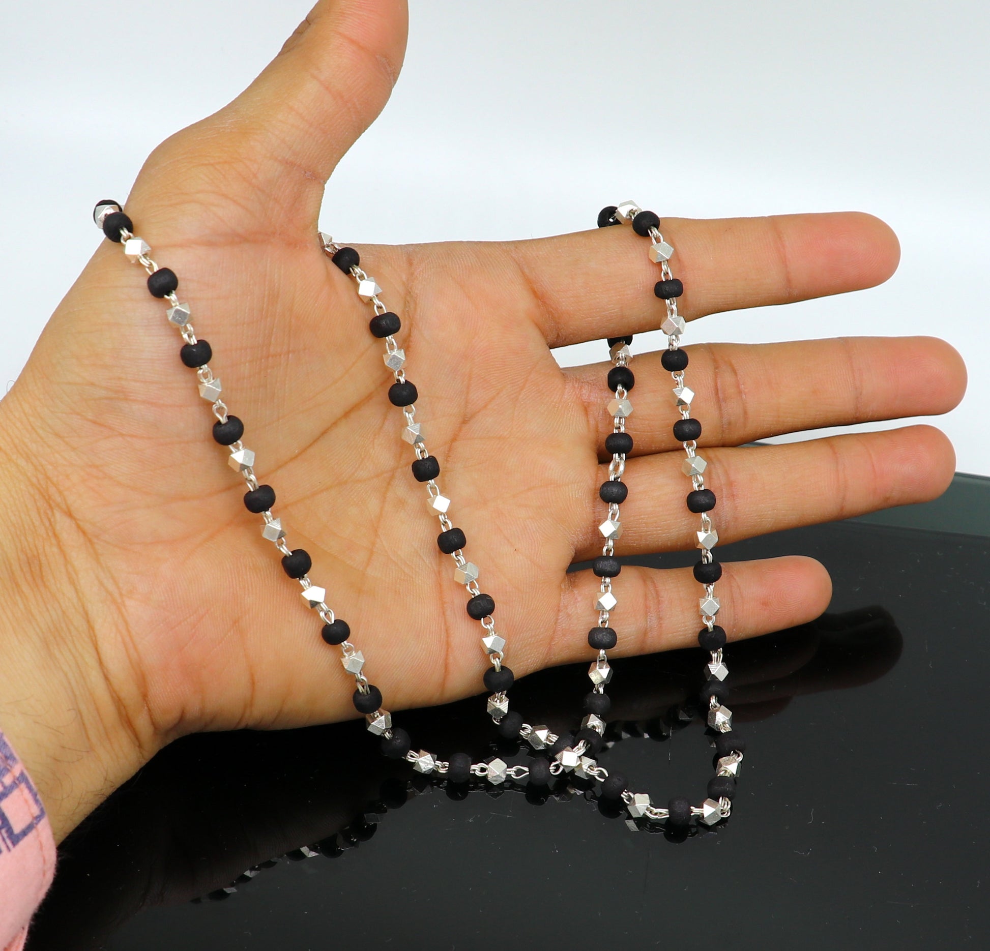 925 Silver handcrafted Black Basil rosary beads with silver beads necklace chain tulsi mala use in Ayurveda feel protected and focused ch102 - TRIBAL ORNAMENTS