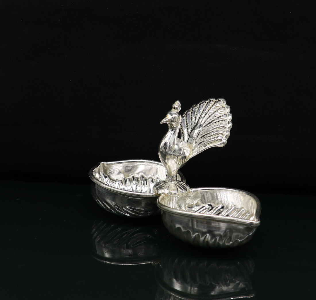 Vintage design handmade 925 sterling silver gorgeous peacock style tilak combo bowl, tilak patra, puja utensils, temple article su179 - TRIBAL ORNAMENTS