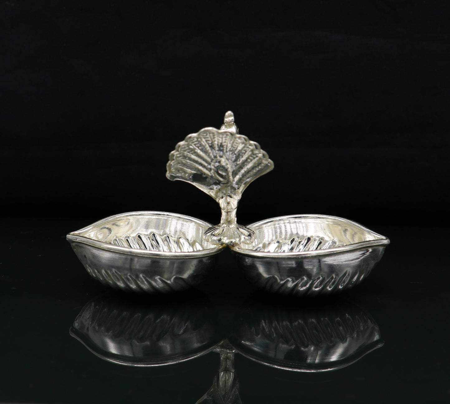 Vintage design handmade 925 sterling silver gorgeous peacock style tilak combo bowl, tilak patra, puja utensils, temple article su178 - TRIBAL ORNAMENTS