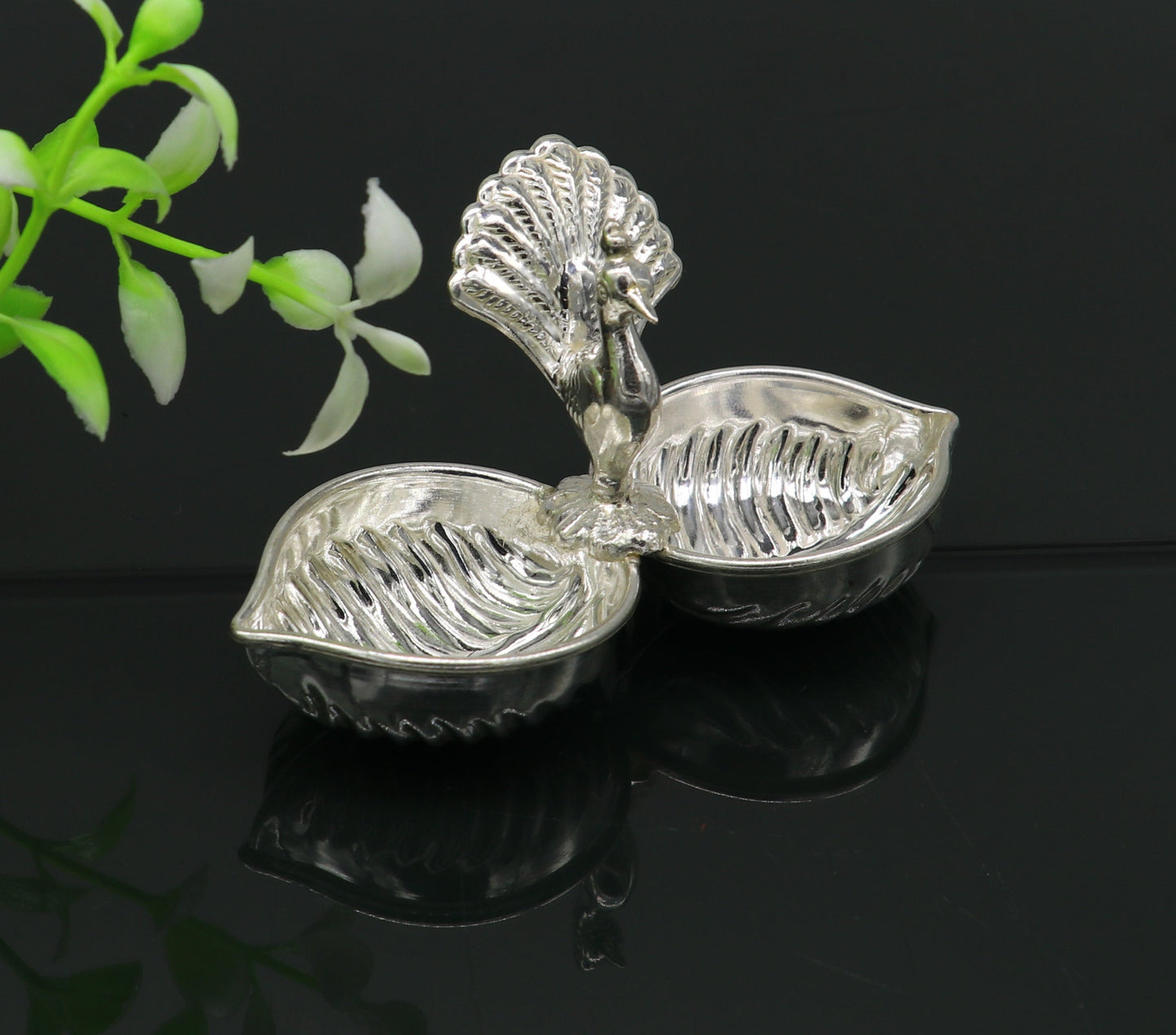Vintage design handmade 925 sterling silver gorgeous peacock style tilak combo bowl, tilak patra, puja utensils, temple article su179 - TRIBAL ORNAMENTS