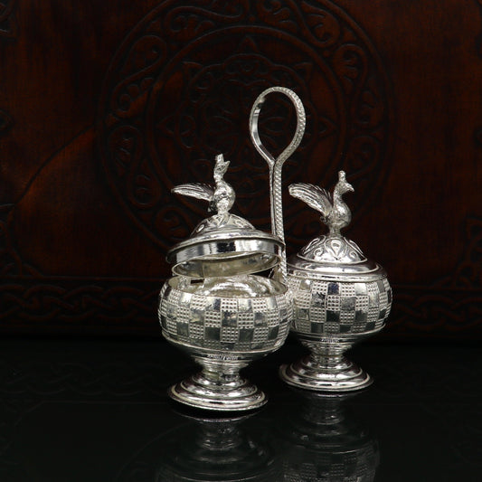 Vintage 925 sterling silver peacock trinket box, excellent kumkum/ sindur, sandal, saffron tilak box, brides gift or puja utensils su183 - TRIBAL ORNAMENTS