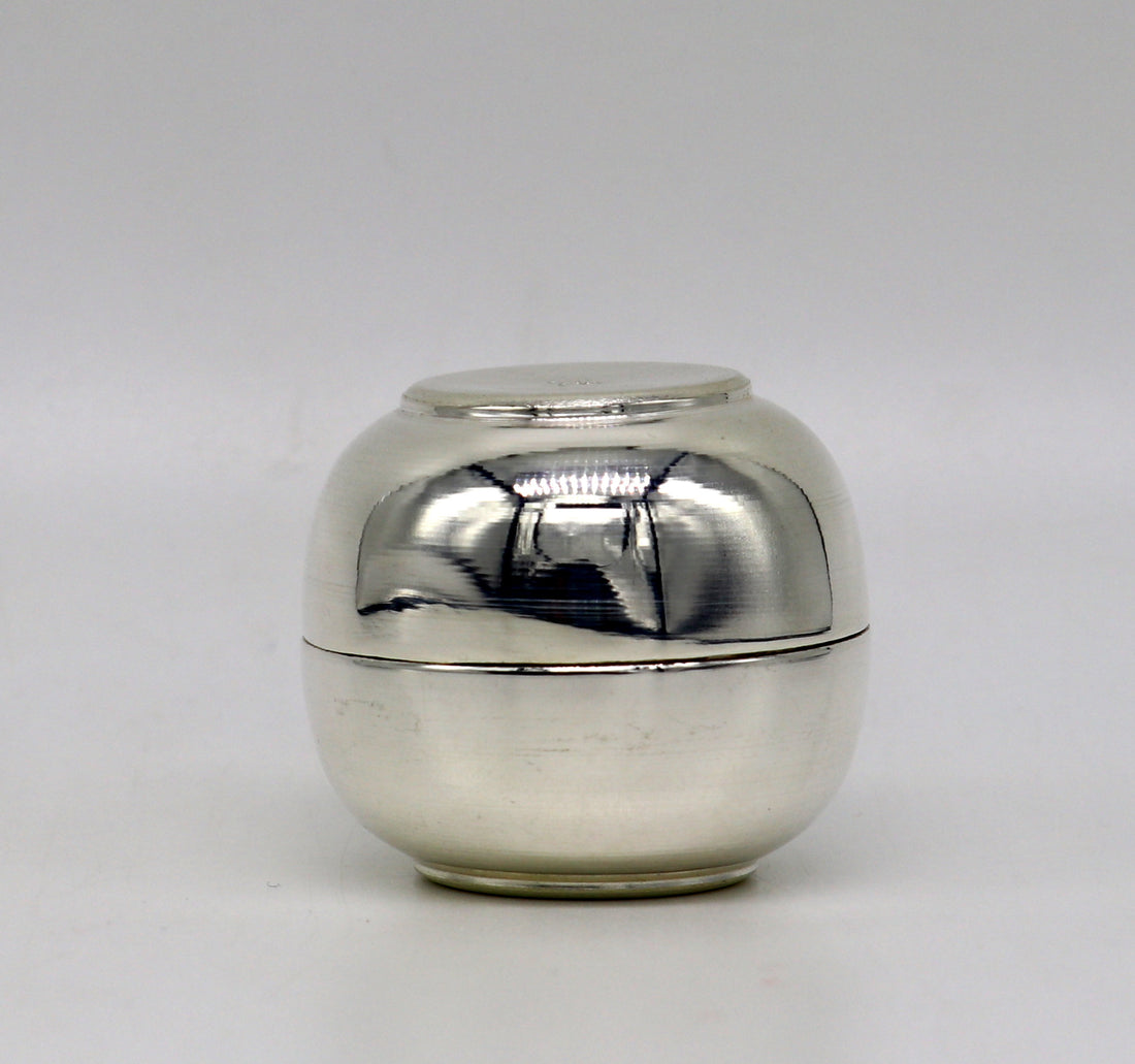999 fine silver handmade gorgeous prasad box with cap, trinket box, container box, brides gifting, jewelry box, solid silver article stb95 - TRIBAL ORNAMENTS