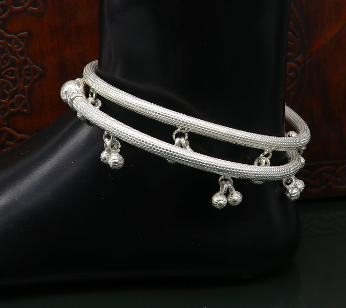 Sterling silver handmade gorgeous foot bangle bracelet kada, excellent jingling bells tribal customized anklet belly dance jewelry nsfk22 - TRIBAL ORNAMENTS