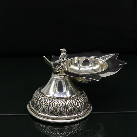 Fine 925 silver handmade kandrai work peacock design oil lamp, diya, deepak/dipak, silver utensil best gifting silver article utensils su144 - TRIBAL ORNAMENTS