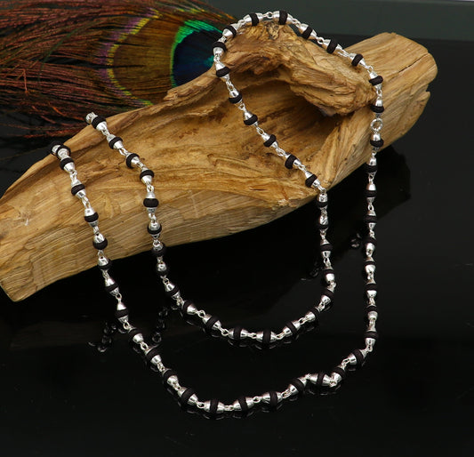 Basil Rosary Tulsi Bead Mala chain size 24 inch 4 mm width pure sterling silver 92.5 with silver side cap and handmade Knot (Guthai) - TRIBAL ORNAMENTS