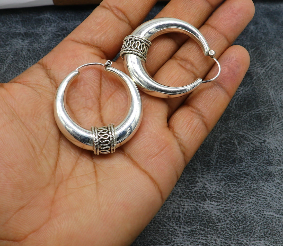 Vintage 925 sterling silver fabulous vintage plain design elegant hoops earrings kundal tribal belly dance brides maid dainty jewelry ear613 - TRIBAL ORNAMENTS