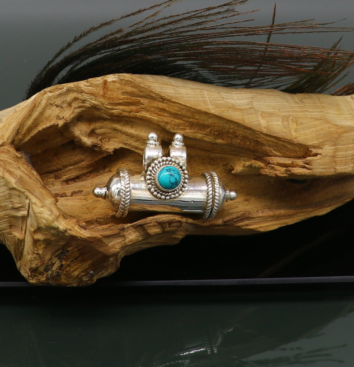Fine 925 silver amulet pendant, fabulous turquoise stone box pendant, unique stylish fancy tribal jewelry, brides elegant pendant ssp379 - TRIBAL ORNAMENTS