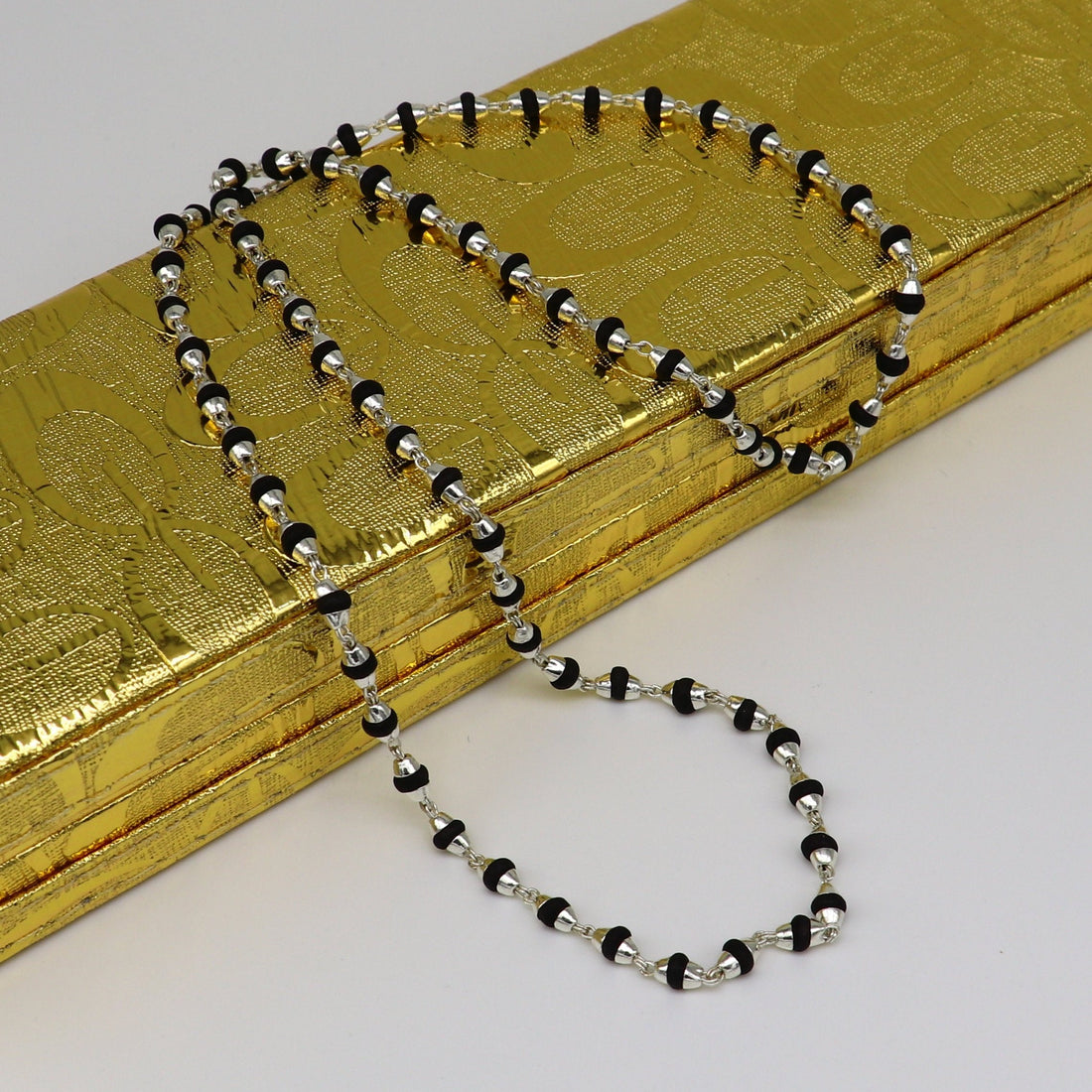 925 sterling silver black basil rosary wooden beads 4mm solid chain necklace, excellent 24" unisex stylish necklace from india ch103 - TRIBAL ORNAMENTS