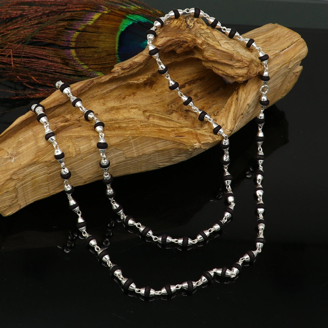 925 sterling silver black basil rosary wooden beads 4mm solid chain necklace, excellent 24" unisex stylish necklace from india ch103 - TRIBAL ORNAMENTS