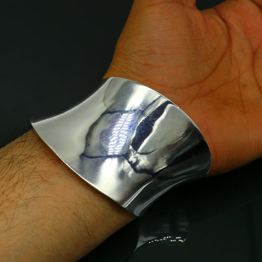 Pure 925 sterling silver solid open face adjustable bangle bracelet, gorgeous bright shiny curved bangle, best brides gift wedding cuff38 - TRIBAL ORNAMENTS