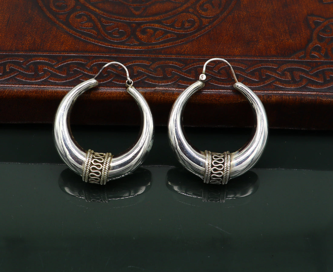 Vintage Design 925 sterling silver fabulous hoops earring, tribal kundal earring from Rajasthan India, best gifting unisex jewelry ear612 - TRIBAL ORNAMENTS