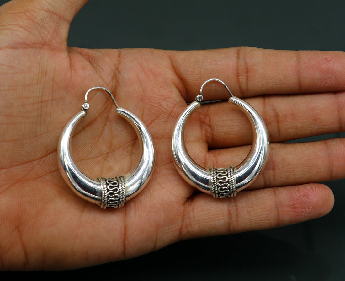 Vintage Design 925 sterling silver fabulous hoops earring, tribal kundal earring from Rajasthan India, best gifting unisex jewelry ear612 - TRIBAL ORNAMENTS