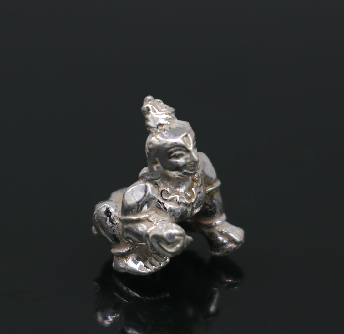 Solid silver handmade Hindu idol little Krishna, Ladu Gopal, small statue sculpture home temple Balgopal puja art, crawling krishna su198 - TRIBAL ORNAMENTS