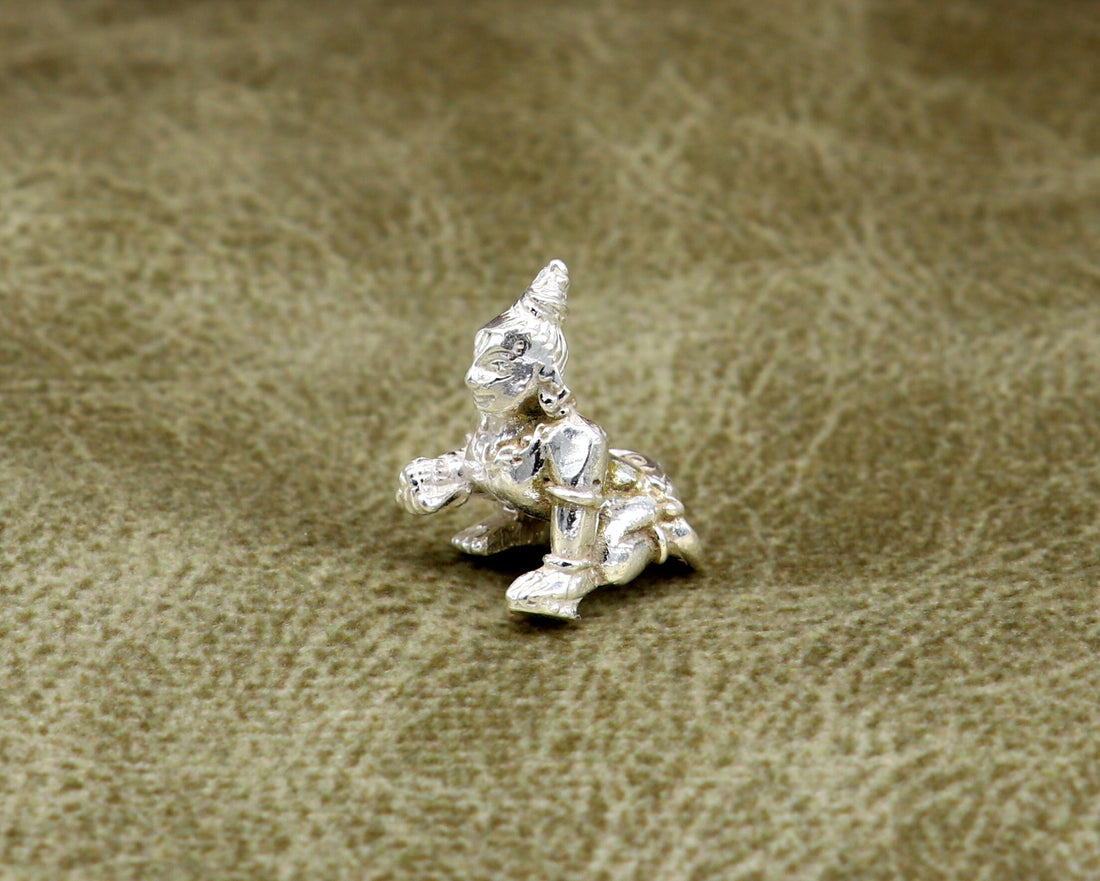 Solid silver handmade Hindu idol little Krishna, Ladu Gopal, small statue sculpture home temple Balgopal puja art, crawling krishna su198 - TRIBAL ORNAMENTS