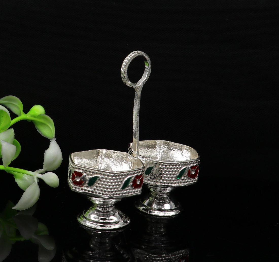 925 sterling silver handmade customized work puja utensils, silver tilak bowl, kesar chaindan kumkum patra or bowl, silver article su155 - TRIBAL ORNAMENTS