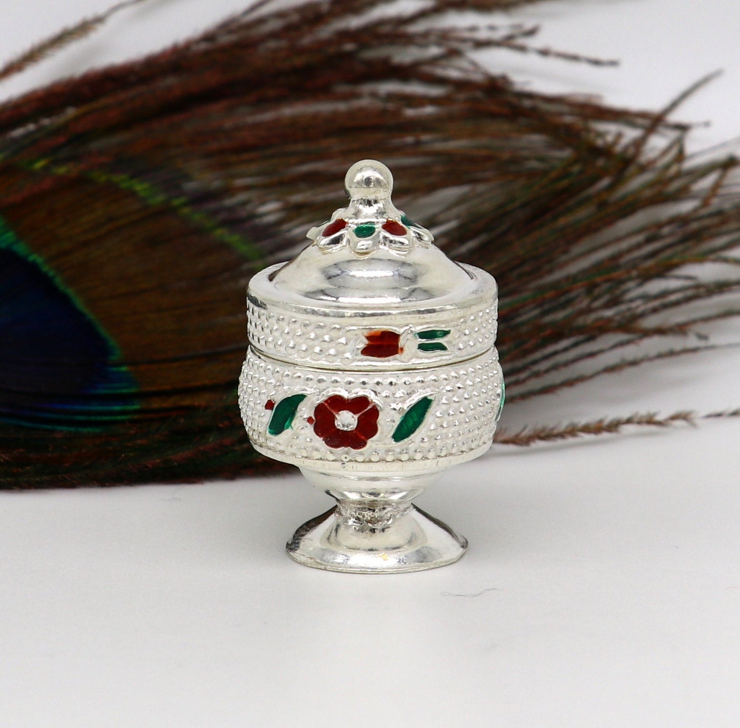 925 Sterling silver handmade fabulous trinket box, solid container box, casket box, sindoor box, enamel work customized gifting box stb91 - TRIBAL ORNAMENTS