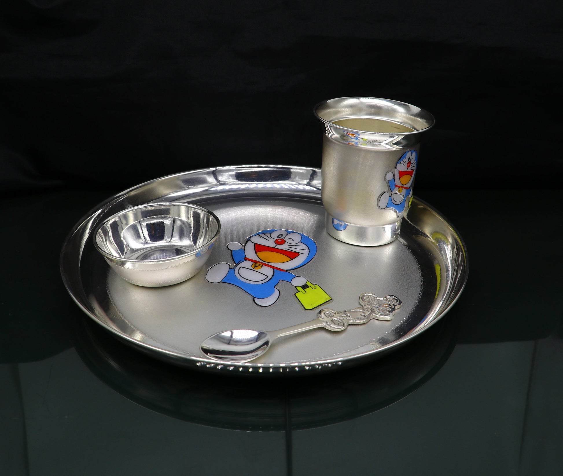 925 fine silver combo bowl, spoon ,Water/milk tumbler and plate/tray, silver baby dinner set utensils, best gifting utensils ideas sv131 - TRIBAL ORNAMENTS