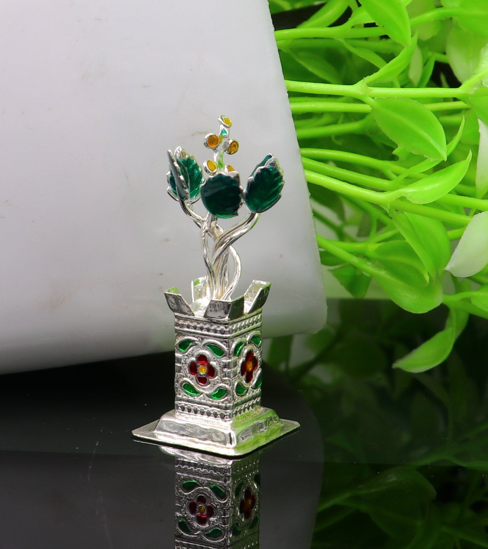 925 sterling silver handmade  mini tulsi plant basil rosary plant for puja temple article, excellent customized silver utensils art su158 - TRIBAL ORNAMENTS
