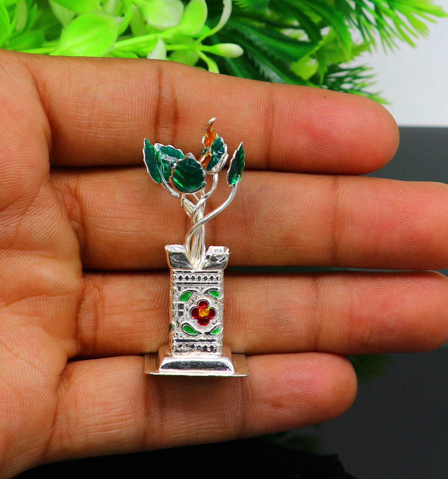 925 sterling silver handmade  mini tulsi plant basil rosary plant for puja temple article, excellent customized silver utensils art su158 - TRIBAL ORNAMENTS
