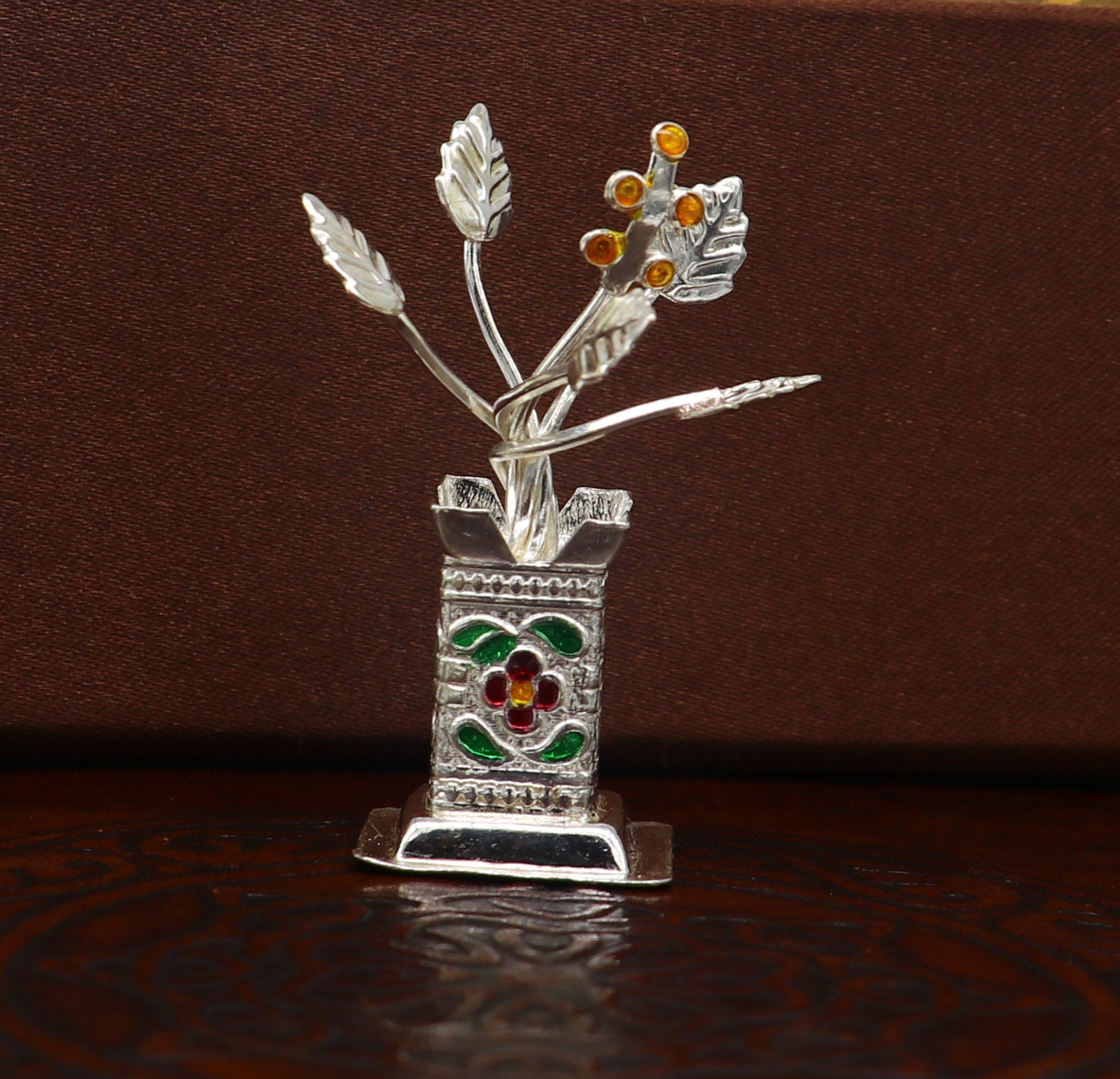 925 sterling silver handmade mini tulsi plant basil rosary plant for puja temple article, excellent customized silver utensils art su171 - TRIBAL ORNAMENTS