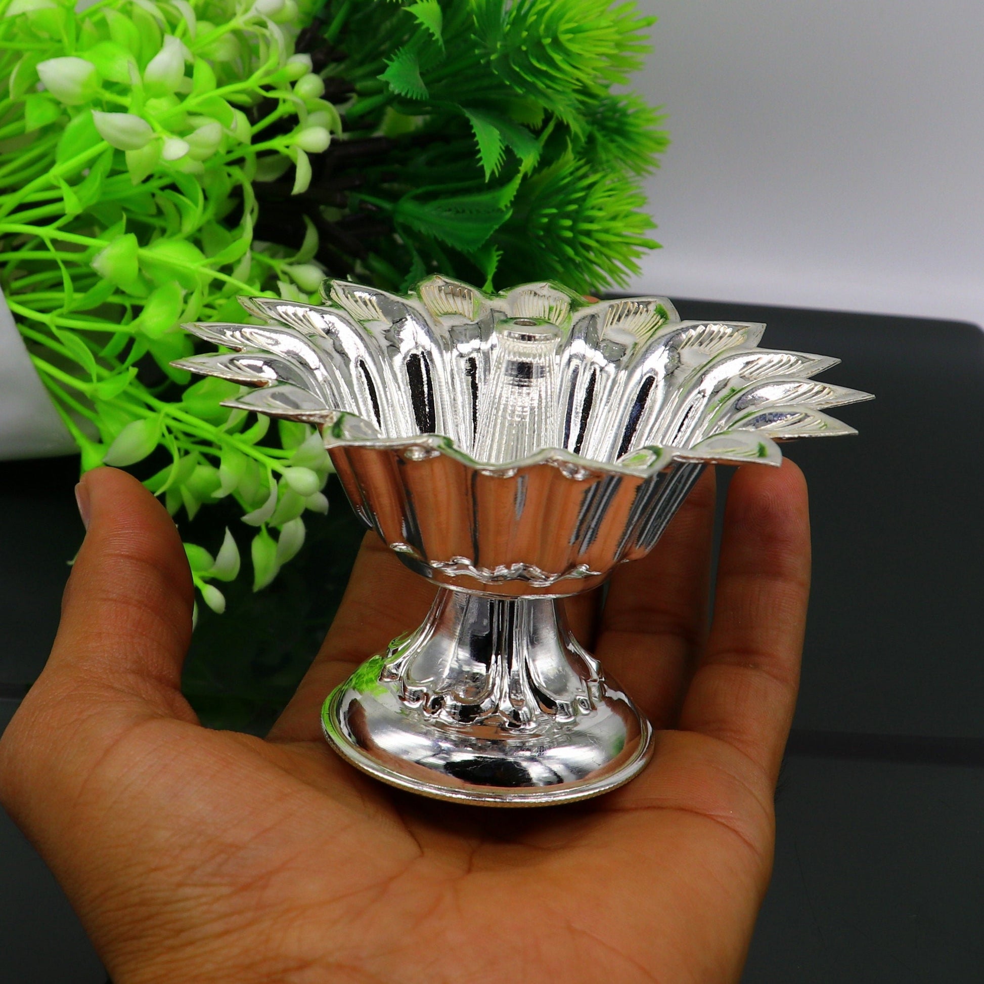 999 pure silver handmade elegant oil lamp, silver home temple utensils, silver diya, deepak, silver vessels, silver art decorative art su173 - TRIBAL ORNAMENTS