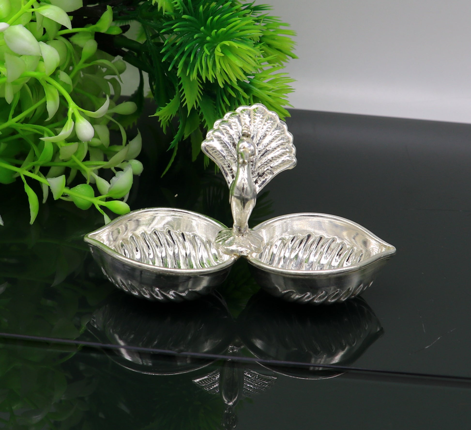 Vintage design handmade 925 sterling silver gorgeous peacock style tilak combo bowl, tilak patra, puja utensils, temple article su178 - TRIBAL ORNAMENTS