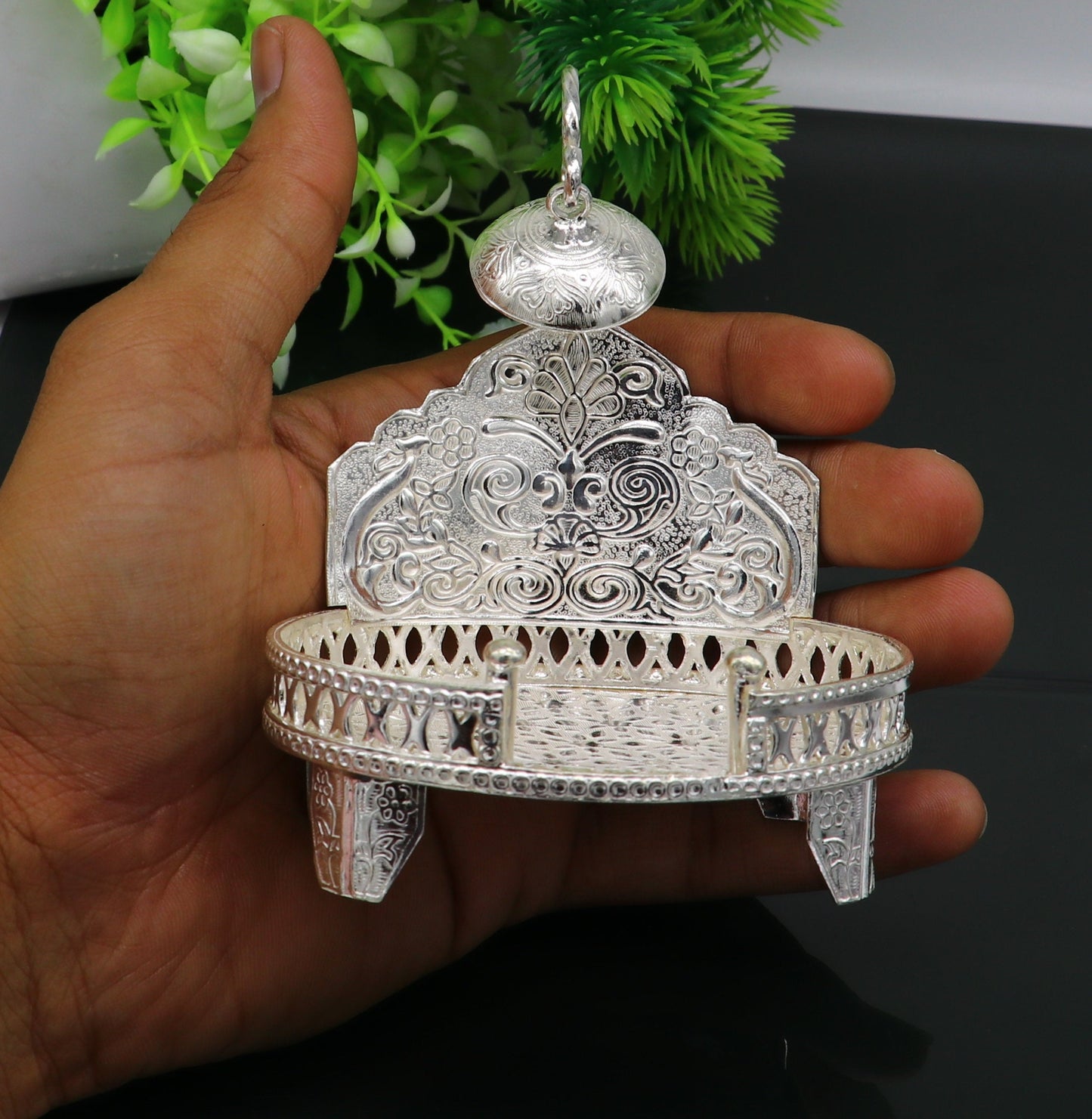 925 pure sterling silver handcrafted  sinhasan, idol krishna Bal Gopala throne, god statue's stand chair, temple art puja article su184 - TRIBAL ORNAMENTS
