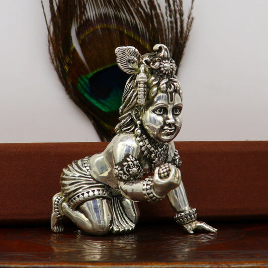 925 Sterling silver Handmade crawling Krishna Bal Gopal statue figurine, laddu gopal sculpture crawling Krishna temple silver article su210 - TRIBAL ORNAMENTS