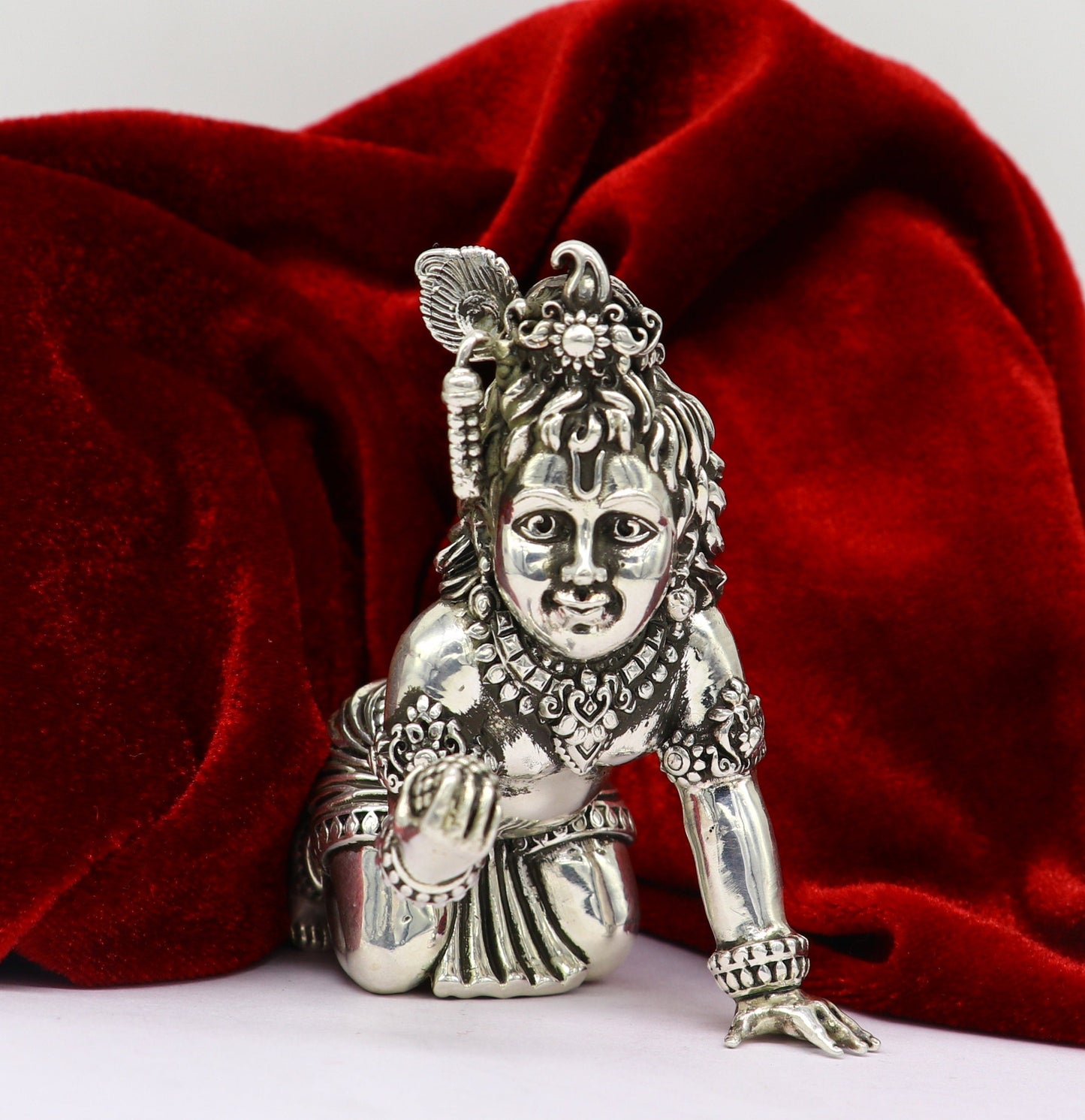 925 Sterling silver customized Idol Krishna Bal Gopal statue figurine, laddu gopal sculpture home temple utensil, silver article su210 - TRIBAL ORNAMENTS