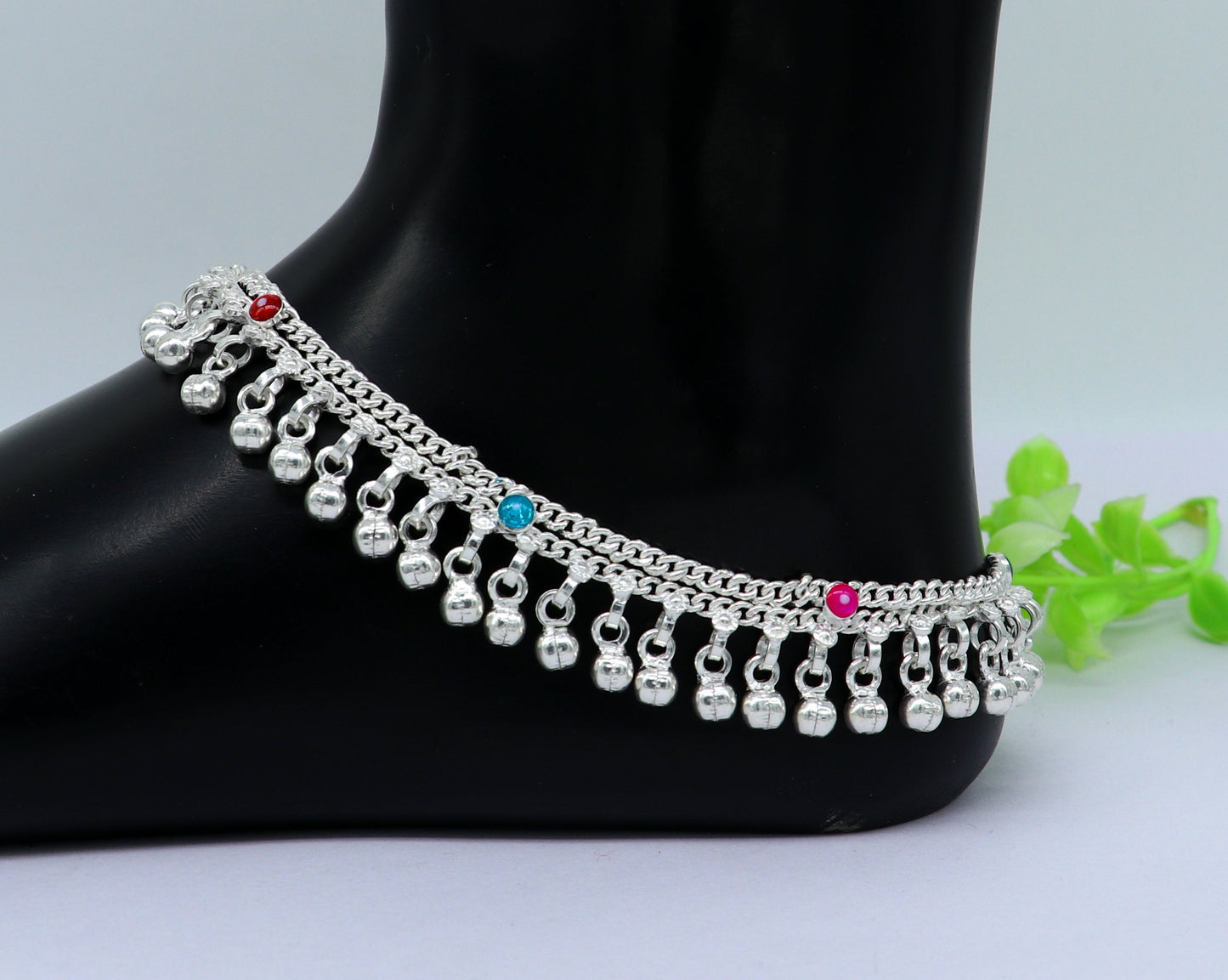 10.5" long handmade sterling silver gorgeous ankle bracelet, wonderful noisy hanging bells charm anklets girls women's belly dance ank338 - TRIBAL ORNAMENTS