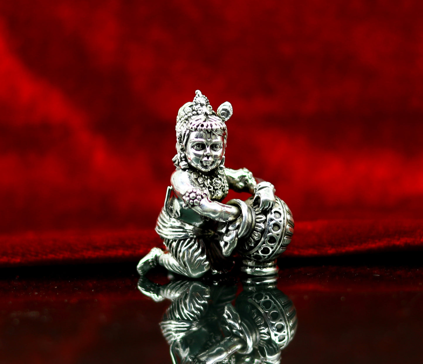 925 Sterling silver customized Idol Krishna Bal Gopal statue figurine, Makkhan Gopal sculpture home temple utensil, silver article su226 - TRIBAL ORNAMENTS