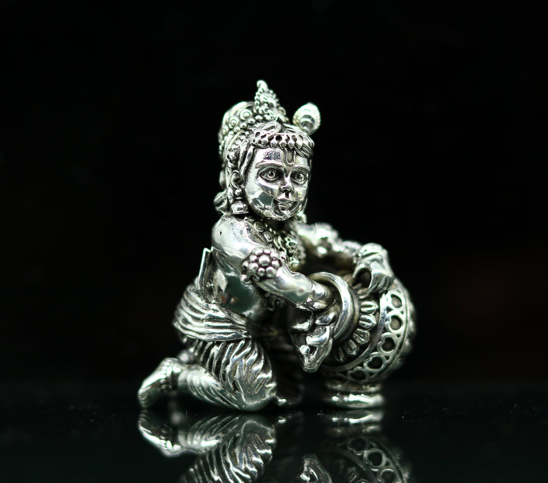 925 Sterling silver customized Idol Krishna Bal Gopal statue figurine, Makkhan Gopal sculpture home temple utensil, silver article su226 - TRIBAL ORNAMENTS