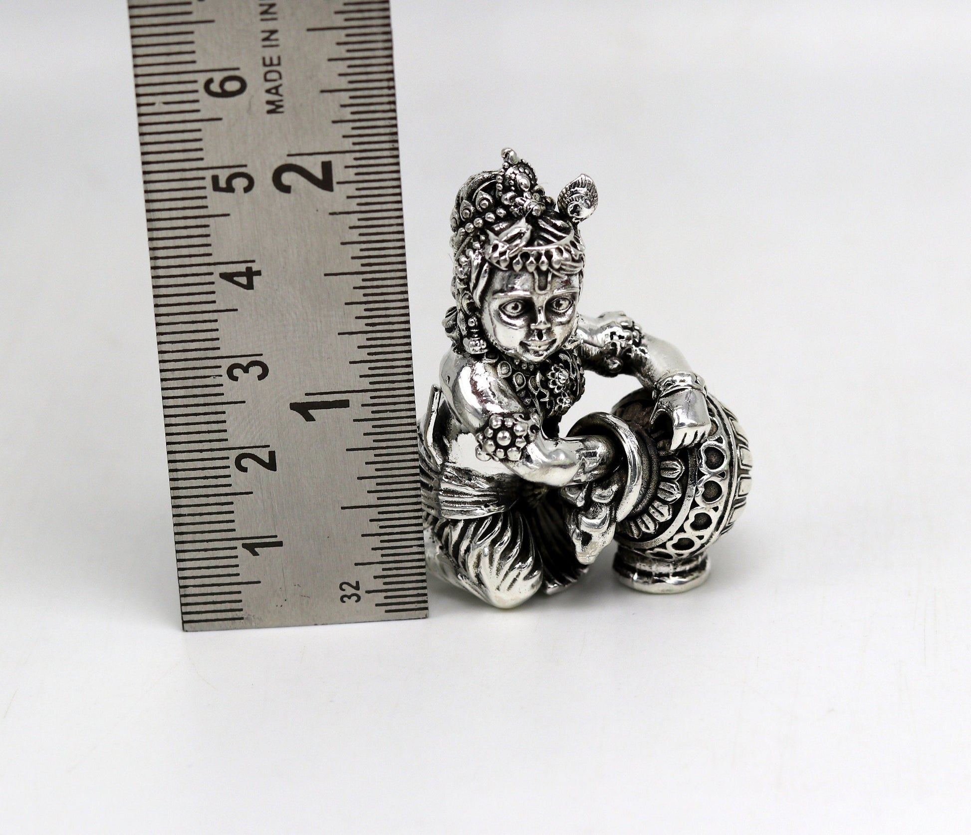 925 Sterling silver customized Idol Krishna Bal Gopal statue figurine, Makkhan Gopal sculpture home temple utensil, silver article su226 - TRIBAL ORNAMENTS