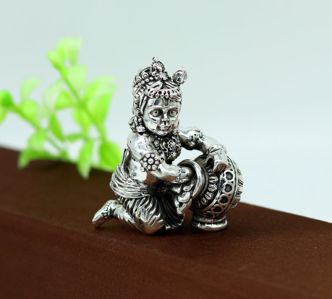 925 Sterling silver customized Idol Krishna Bal Gopal statue figurine, Makkhan Gopal sculpture home temple utensil, silver article su226 - TRIBAL ORNAMENTS