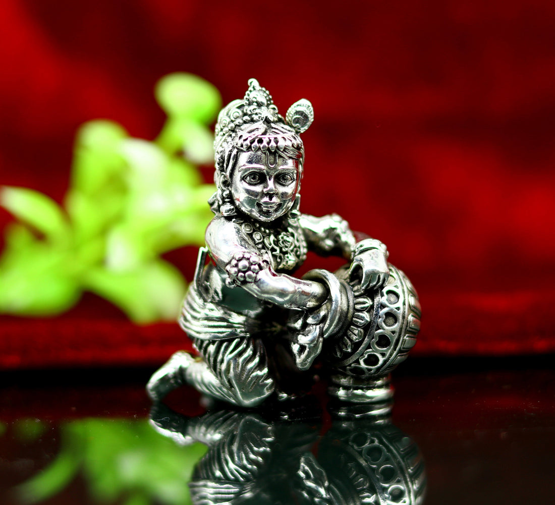 925 Sterling silver customized Idol Krishna Bal Gopal statue figurine, Makkhan Gopal sculpture home temple utensil, silver article su227 - TRIBAL ORNAMENTS