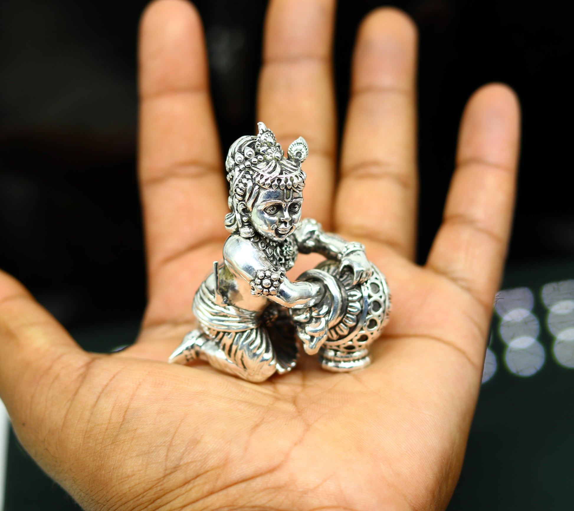 925 Sterling silver customized Idol Krishna Bal Gopal statue figurine, Makkhan Gopal sculpture home temple utensil, silver article su227 - TRIBAL ORNAMENTS