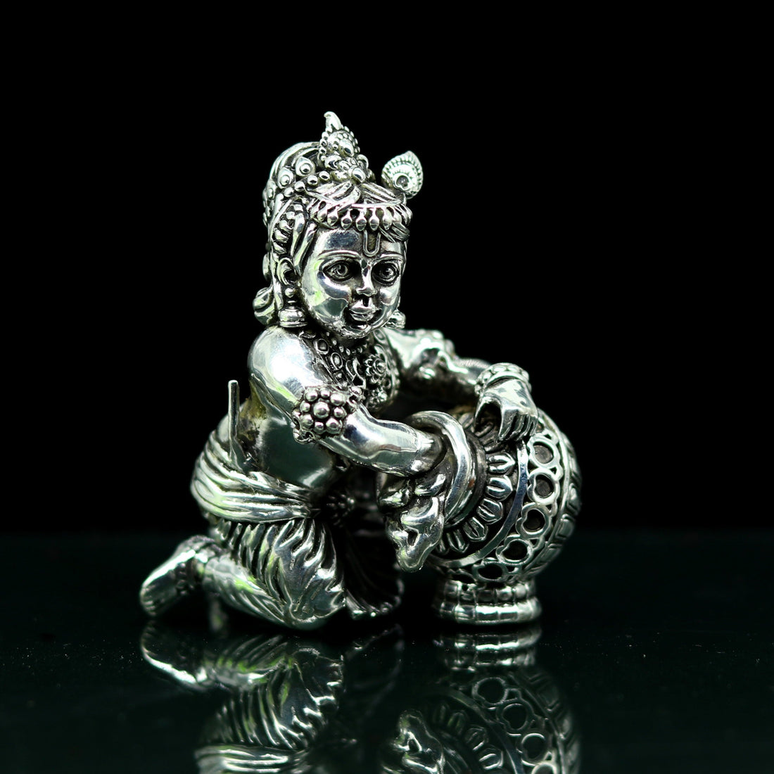 925 Sterling silver customized Idol Krishna Bal Gopal statue figurine, Makkhan Gopal sculpture home temple utensil, silver article su227 - TRIBAL ORNAMENTS