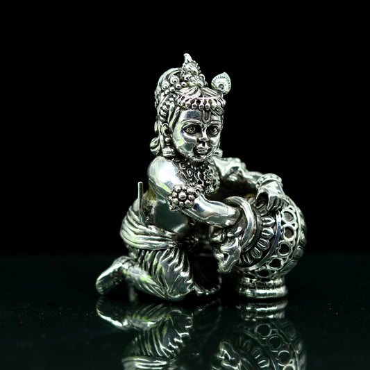 925 Sterling silver customized Idol Krishna Bal Gopal statue figurine, Makkhan Gopal sculpture home temple utensil, silver article su227 - TRIBAL ORNAMENTS