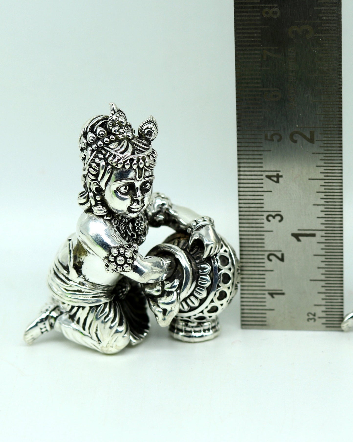 925 Sterling silver customized Idol Krishna Bal Gopal statue figurine, Makkhan Gopal sculpture home temple utensil, silver article su227 - TRIBAL ORNAMENTS