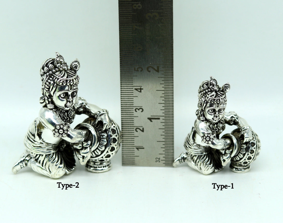 925 Sterling silver customized Idol Krishna Bal Gopal statue figurine, Makkhan Gopal sculpture home temple utensil, silver article su228 - TRIBAL ORNAMENTS