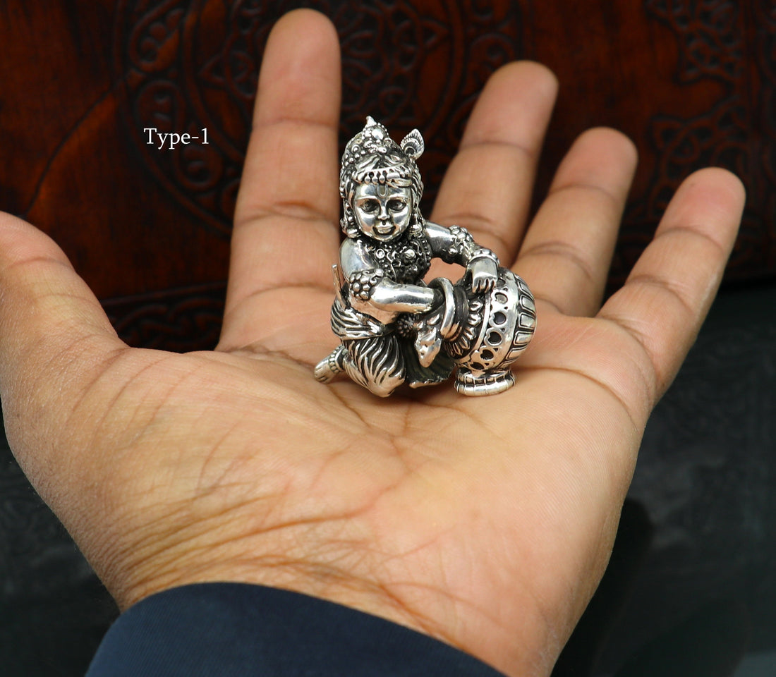 925 Sterling silver customized Idol Krishna Bal Gopal statue figurine, Makkhan Gopal sculpture home temple utensil, silver article su228 - TRIBAL ORNAMENTS